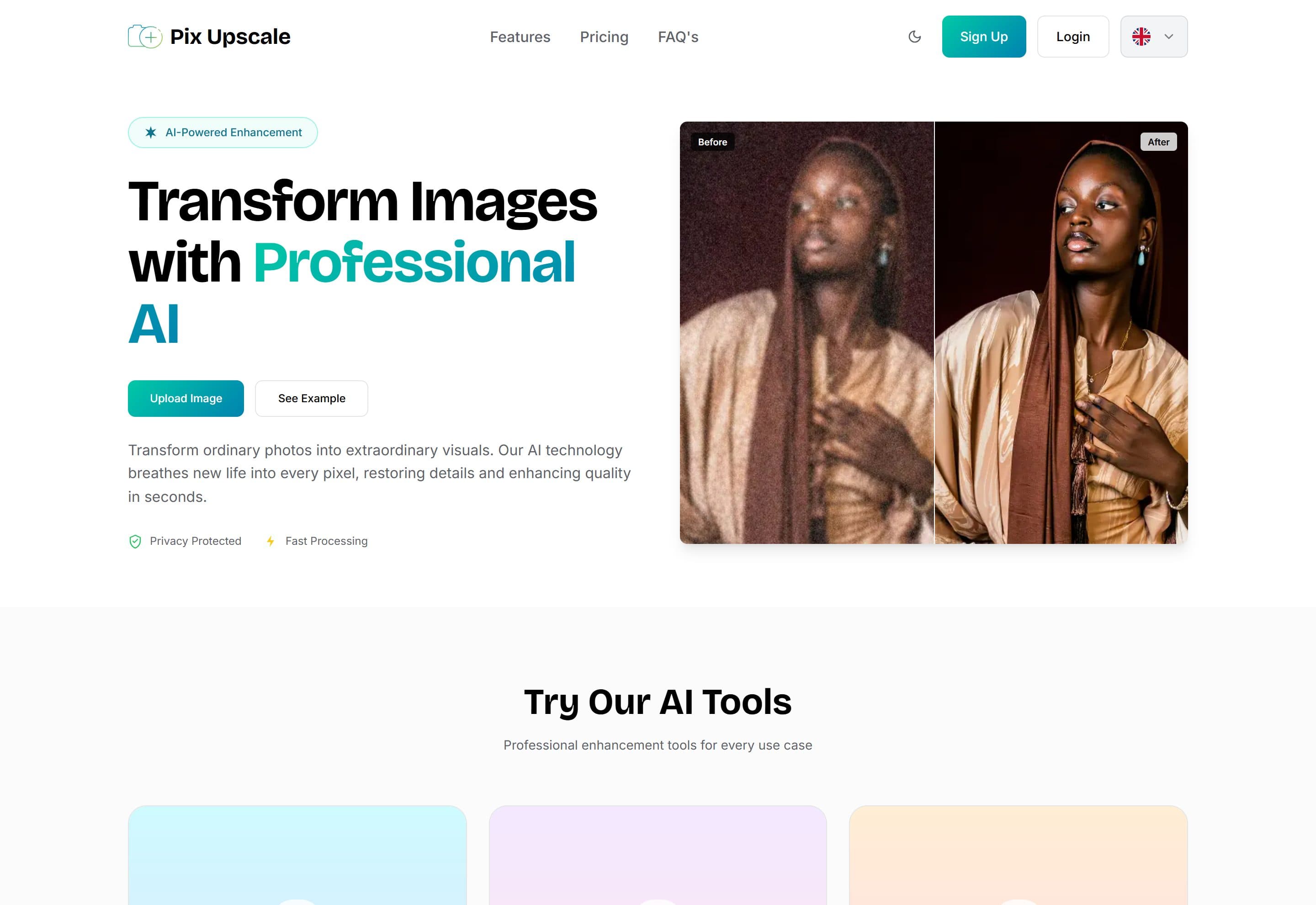 PixUpscale landing page with a before-and-after image enhancement